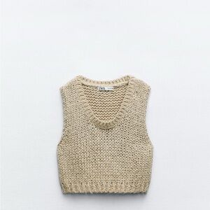 Zara Beige Cropped Knit V-Neck Vest